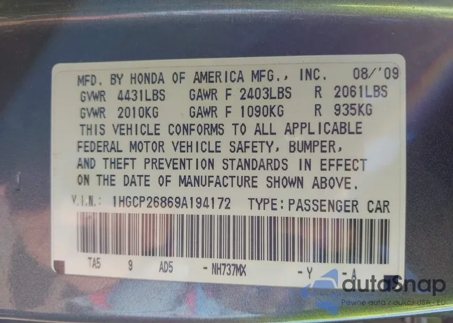 1HGCP26869A194172: 43191336