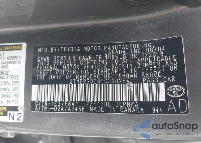 2T1BR30E85C360254: 43191346