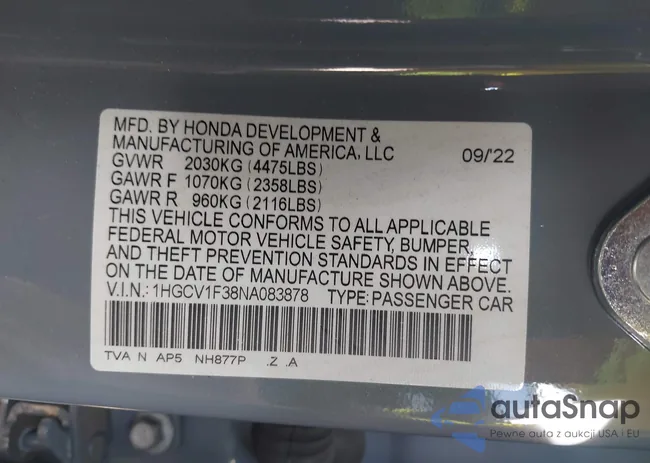 1HGCV1F38NA083878: 43191561