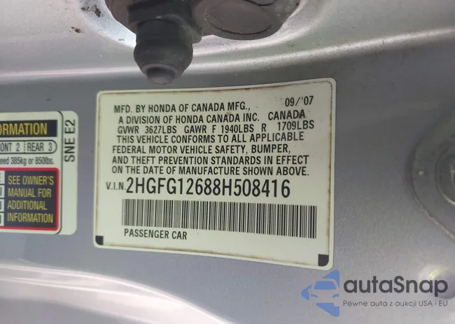 2HGFG12688H508416: 43190565