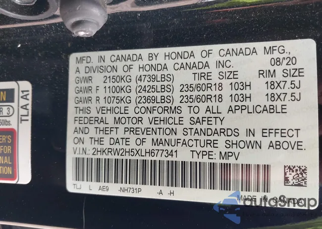 2HKRW2H5XLH677341: 43190599