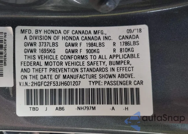 2HGFC2F53JH601207: 43190827