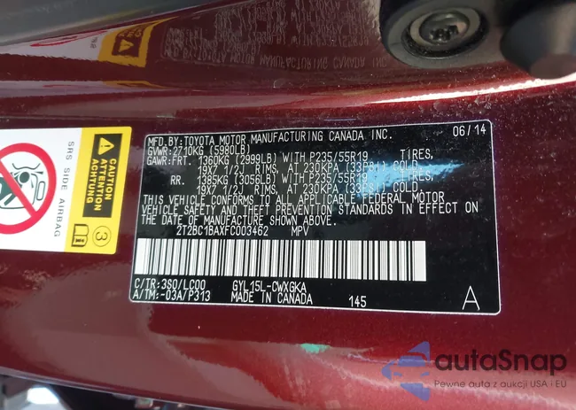 2T2BC1BAXFC003462: 43192234