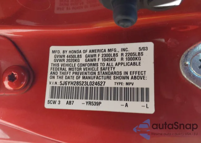 5J6YH28523L024627: 43192431