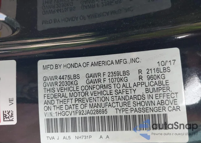 1HGCV1F92JA028695: 43191595