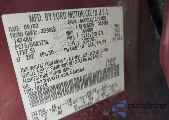 1FTRW07L43KA64864: 43191780