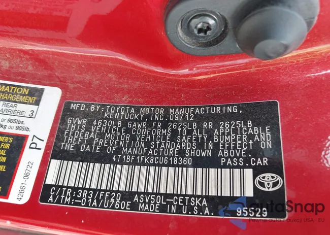 4T1BF1FK8CU618360: 43192973