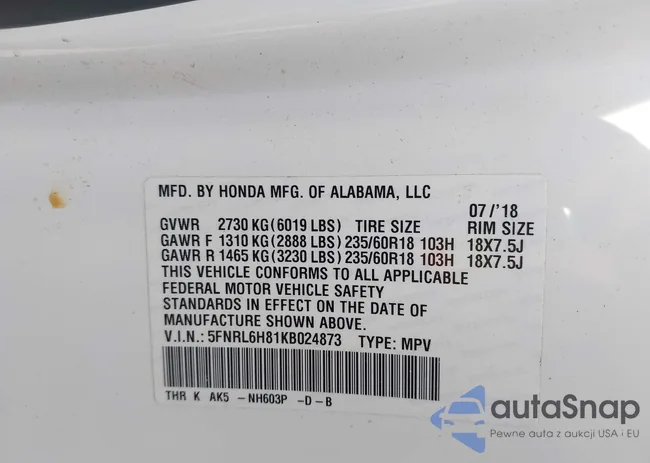 5FNRL6H81KB024873: 43192999