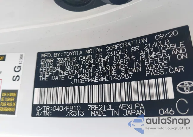 JTDEPMAE4MJ143987: 43193049