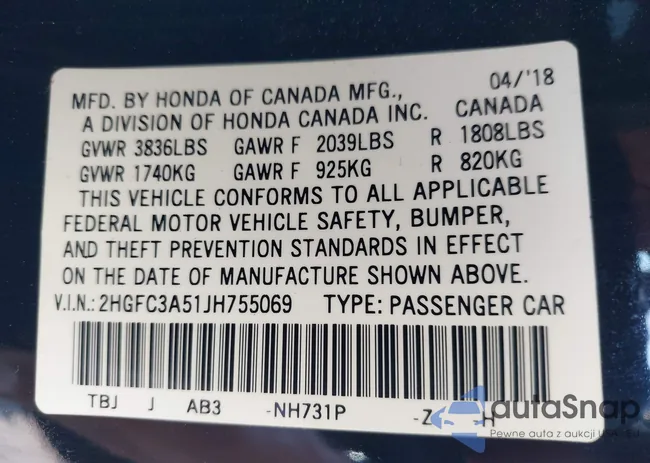 2HGFC3A51JH755069: 43195445