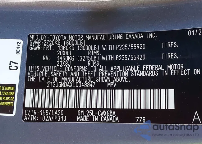 2T2JGMDAXLC048847: 43196223