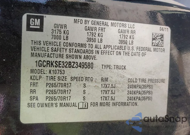 1GCRKSE32BZ349580: 43195913