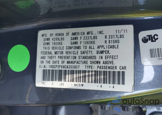 1HGCP2F68CA050807: 43197365