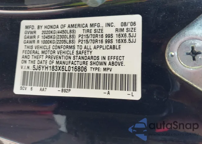 5J6YH183X6L016806: 43196566