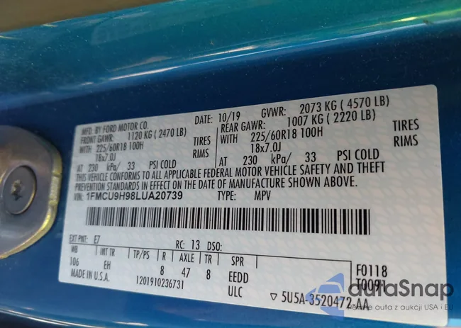 1FMCU9H98LUA20739: 43196722