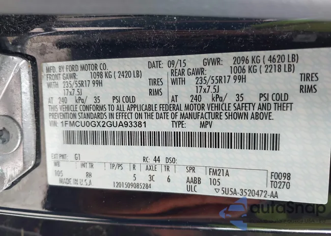 1FMCU0GX2GUA93381: 43196748