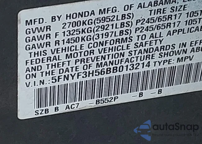 5FNYF3H56BB013214: 43198966