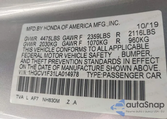 1HGCV1F31LA014978: 43199061