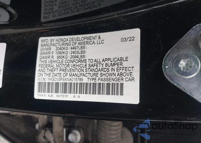 1HGCV3F9XNA015789: 43199396