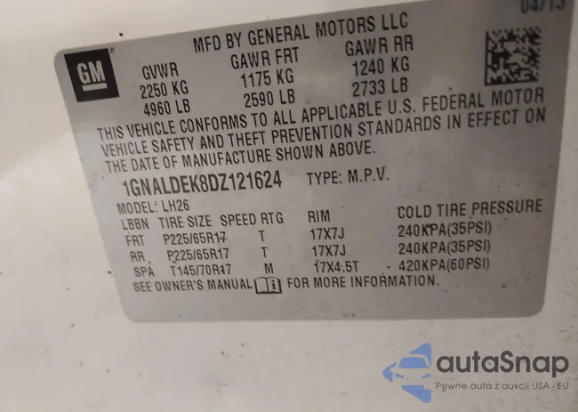 1GNALDEK8DZ121624: 43198832