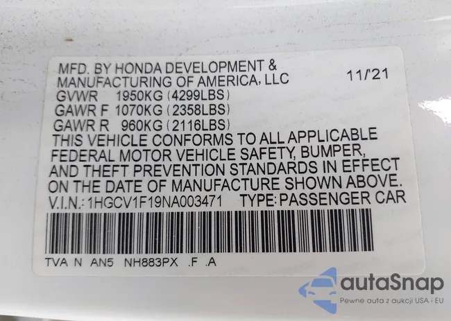 1HGCV1F19NA003471: 43200114