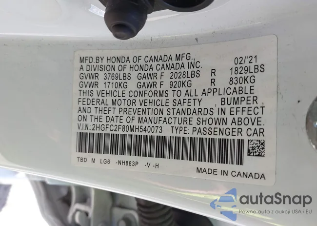 2HGFC2F80MH540073: 43200162