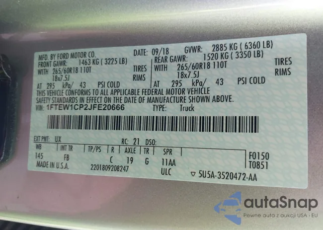 1FTEW1CP2JFE20666: 43200178