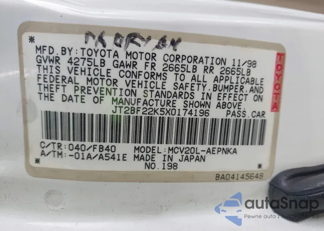 JT2BF22K5X0174196: 43200231