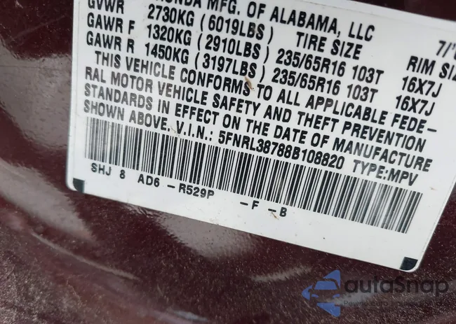 5FNRL38788B108820: 43200545