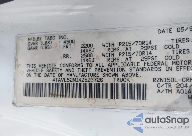 4TAVL52N1XZ523726: 43199649