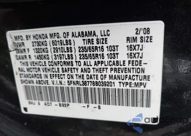 5FNRL38778B039201: 43200973