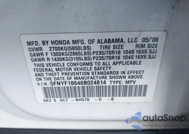 5FNYF18646B024814: 43201245