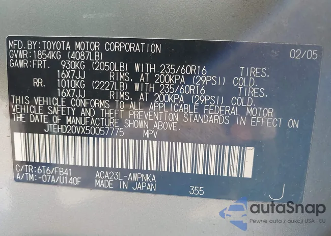 JTEHD20VX50057775: 43201489