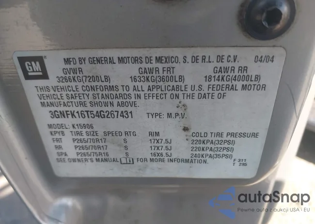 3GNFK16T54G267431: 43202104