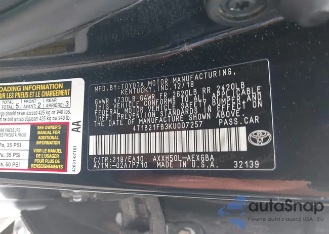 4T1B21FB3KU007257: 43201581