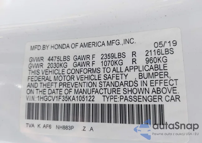 1HGCV1F35KA105122: 43201590