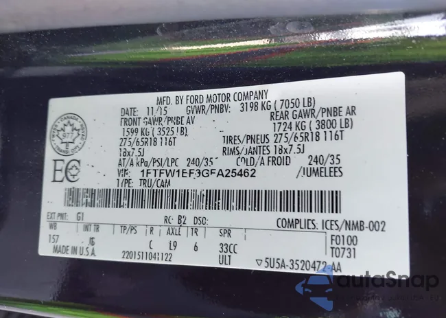 1FTFW1EF3GFA25462: 43201620