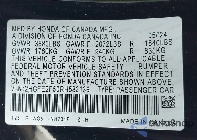 2HGFE2F50RH582136: 43203309