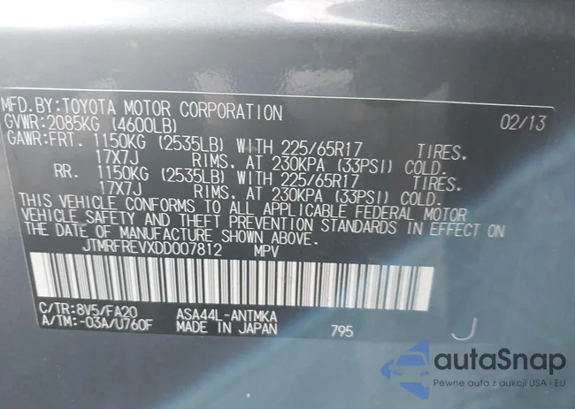 JTMRFREVXDD007812: 43203411