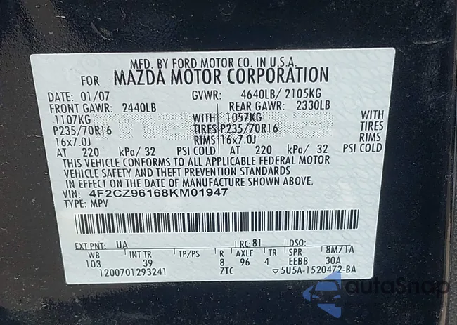 4F2CZ96168KM01947: 43202577