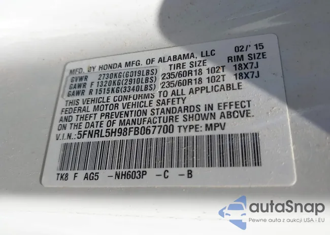 5FNRL5H98FB067700: 43205147