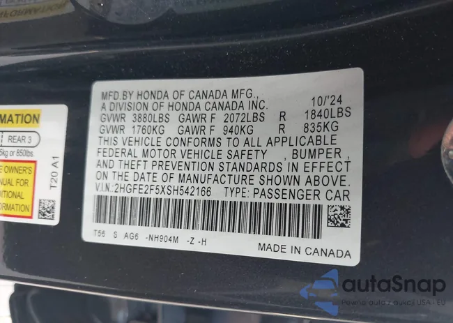 2HGFE2F5XSH542166: 43205399