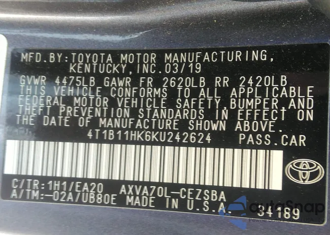 4T1B11HK6KU242624: 43205405