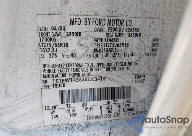 1FTPW14564KD03416: 43206221