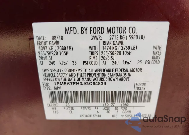 1FM5K7FH3JGC64839: 43205656