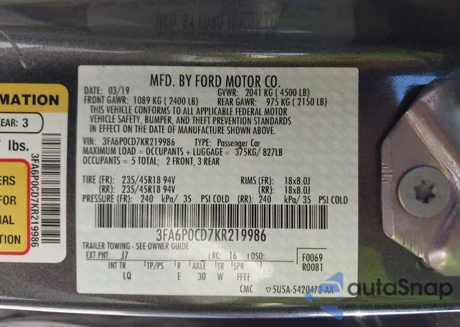 3FA6P0CD7KR219986: 43205813