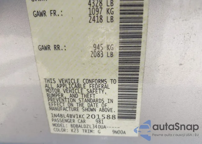 1N4BL4BV1KC201588: 43207043