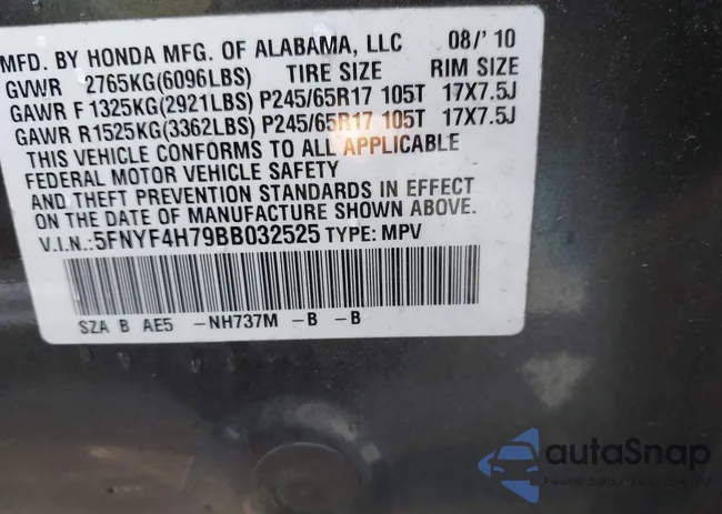 5FNYF4H79BB032525: 43207129