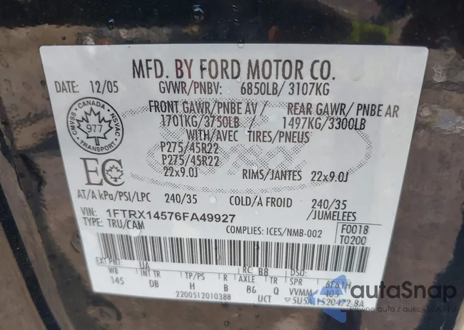 1FTRX14576FA49927: 43207230