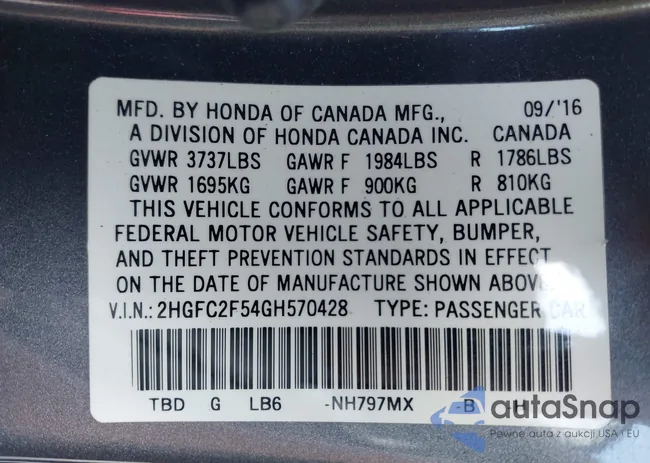 2HGFC2F54GH570428: 43206578